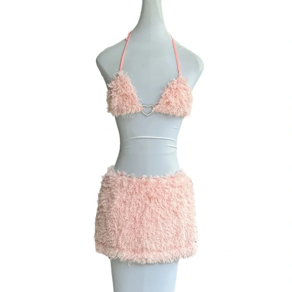 SHEIN ICON Tie Backless Fuzzy Halter Top and Bodycon Skort Size M New EU…